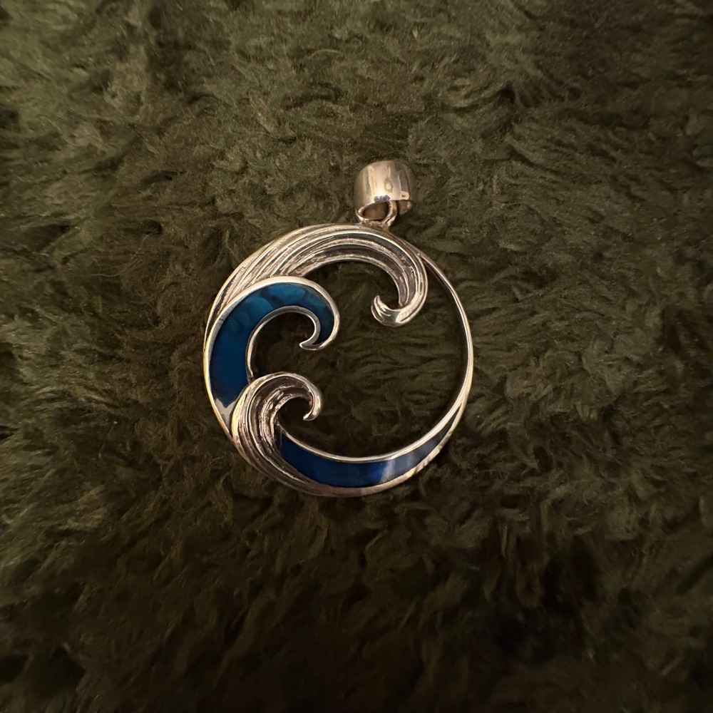 .925 Sterling Silver Wave‎ Pendant Blue Inlay Ocean Wave Nautical - Picture 5 of 5